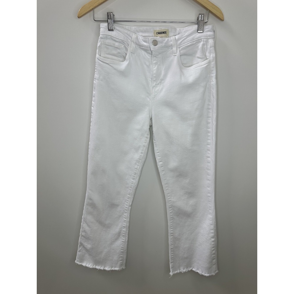 L'Agence Kendra Cropped Flare Jeans High Rise White Frayed Hem Denim Size 27 - Picture 2 of 16